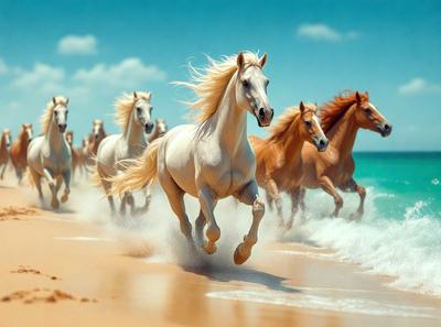 Primary subject: A white horse running on a beach.

Setting/background: The beach has a sandy surface, and the ocean is visible in the background.

Visual style: The image is a digital art illustration.

Colors and mood: The image has a vibrant and lively atmosphere, with the white horse and the blue ocean creating a sense of freedom and joy.