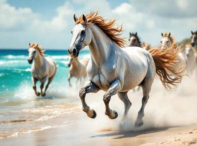 Primary subject: A white horse running on the beach.

Setting/background: The beach, with the ocean in the background.

Visual style: The image is a photo of the horse running on the beach.

Colors and mood: The image has a vibrant and energetic atmosphere, with the white horse standing out against the backdrop of the ocean.