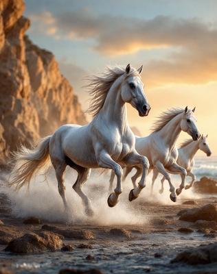 Primary subject: Three white horses running on a beach.

Setting/background: The horses are running on a beach near the ocean, with a rocky cliff in the background.

Visual style: The image is a digital artwork, featuring three white horses in motion.

Colors and mood: The image has a vibrant and energetic atmosphere, with the white horses and the blue ocean creating a sense of freedom and movement.