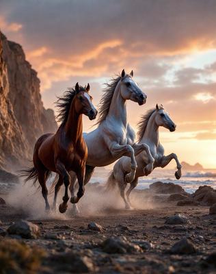 Primary subject: Three horses running on a beach.

Setting/background: The beach is rocky, and the sun is setting in the background.

Visual style: The image is a photo of the horses running on the beach.

Colors and mood: The colors are warm and vibrant, with the sunset creating a serene and peaceful atmosphere.