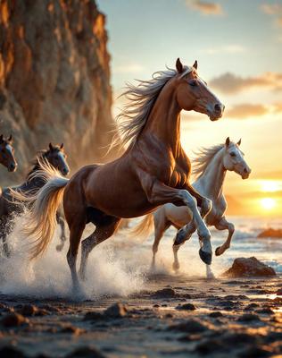 Primary subject: A brown horse running on the beach.

Setting/background: The beach with a rocky cliff in the background.

Visual style: The image is a photo of the horse running on the beach.

Colors and mood: The image has a warm and vibrant color palette, with the brown horse as the main focus, and the beach and cliff in the background providing a sense of freedom and adventure.