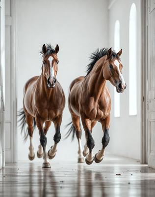 Primary subject: Two brown horses running in a hallway.

Setting/background: The hallway is white, and the horses are running down the middle of it.

Visual style: The image is a photo of the two horses running in the hallway.

Colors and mood: The dominant colors are brown and white, and the overall atmosphere is energetic and dynamic.