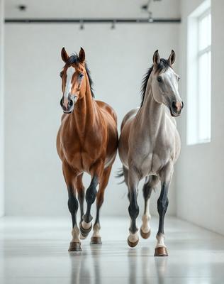 The primary subject of the image is two horses walking down a hallway. They are the main focus of the scene, and their presence creates a sense of movement and activity. The setting is a white hallway, which provides a clean and minimalistic backdrop for the horses. The visual style of the image is a photo, capturing the horses in their natural environment. The colors in the image are predominantly white, which adds to the overall mood of the scene, creating a sense of calmness and tranquility.