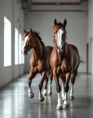 Primary subject: Two brown horses running in a building.

Setting/background: The horses are running in a large, empty room with white walls.

Visual style: The image is a black and white photo.

Colors and mood: The mood of the image is energetic and dynamic, as the horses are captured in motion.