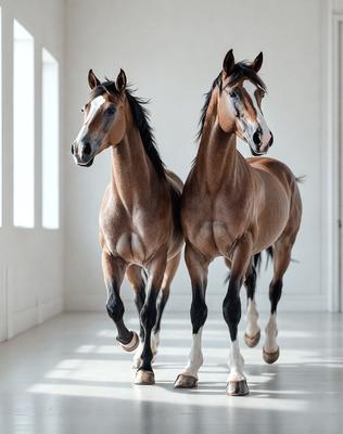 The primary subject of the image is two brown horses standing next to each other in a white room. The setting appears to be a large, open space with a white wall and floor. The visual style of the image is a photo, capturing the horses in their natural environment. The colors in the image are predominantly white and brown, creating a calm and serene atmosphere.