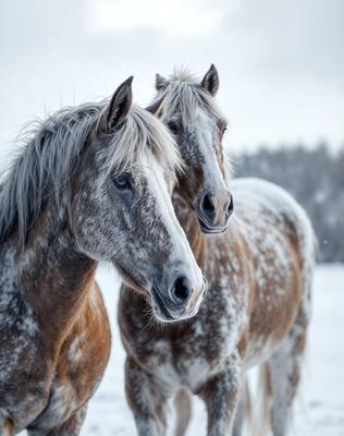 The primary subject of the image is two horses standing in the snow. They are positioned close to each other, with one horse on the left and the other on the right. The setting is a snowy environment, and the visual style appears to be a photo. The colors in the image are predominantly white and gray, creating a cold and wintry atmosphere.
