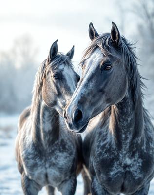 The primary subject of the image is two horses standing next to each other in a snowy environment. They are positioned close to each other, with one horse on the left and the other on the right. The setting includes a snow-covered ground, which adds a sense of coldness and tranquility to the scene. The visual style of the image is a photo, capturing the horses in their natural habitat. The colors and mood of the image are predominantly white and gray, reflecting the snowy landscape and creating