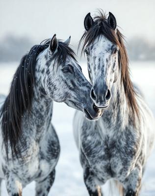 The primary subject of the image is two horses standing next to each other in a snowy environment. They are positioned close to each other, with one horse on the left and the other on the right. The setting is a snowy field, and the visual style appears to be a photo. The dominant colors in the image are white and gray, reflecting the snowy atmosphere. The overall mood of the image is serene and peaceful, as the horses seem to be enjoying their time together in the snow.