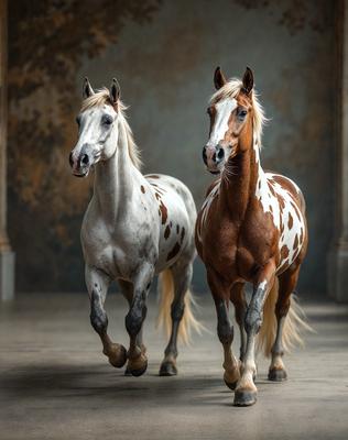 Primary subject: Two horses
Setting/background: A wall with a painting on it
Visual style: Photo
Colors and mood: The horses are brown and white, and the mood is calm and serene.