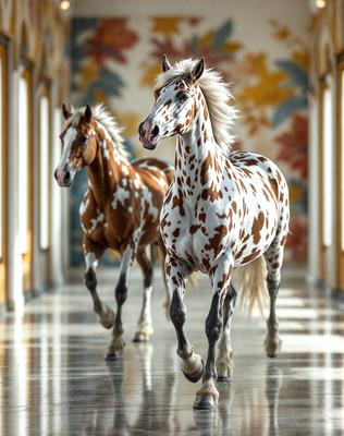 Primary subject: Two horses walking down a hallway.

Setting/background: The hallway is decorated with a colorful mural, and the horses are walking on a marble floor.

Visual style: The image is a photo of the two horses.

Colors and mood: The colors in the image are predominantly white, brown, and orange, creating a warm and inviting atmosphere.