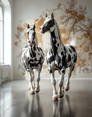The primary subject of the image is a pair of horses standing next to each other. They are positioned in a room with a white wall and a window. The setting appears to be a studio or a room with a painting on the wall. The visual style of the image is a combination of photo and digital art, creating a unique and artistic representation of the horses. The colors and mood of the image are predominantly white, giving it a clean and serene atmosphere.