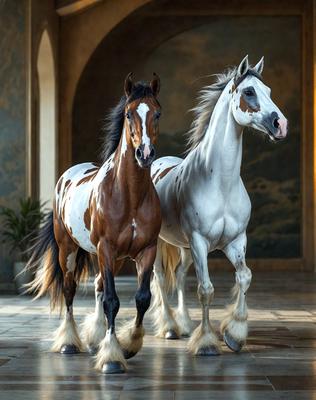The primary subject of the image is a pair of horses standing next to each other. They are positioned in a hallway, which serves as the setting for the scene. The visual style of the image is a photo, capturing the horses in their natural environment. The colors and mood of the image are predominantly brown and white, giving it a warm and earthy atmosphere.