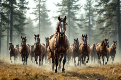 The primary subject of the image is a brown horse with a white stripe on its face, standing in a field surrounded by other horses. The setting is a grassy area with trees in the background, creating a natural and serene environment. The visual style of the image is a photo, capturing the beauty and grace of the horses in their natural habitat. The colors and mood of the image are warm and inviting, with the brown horse and the surrounding environment evoking a sense of tranquility and harmony.