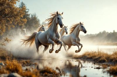 Primary subject: A group of white horses running through a body of water.

Setting/background: The scene takes place in a natural environment, with the horses running through a river or a stream.

Visual style: The image is a photo of the horses in motion.

Colors and mood: The dominant colors are white and brown, with the water adding a blue hue. The overall atmosphere is energetic and dynamic, as the horses are captured in motion.