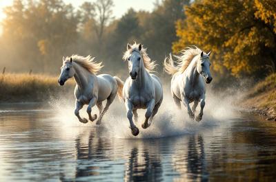 Primary subject: Three white horses running through water.

Setting/background: The scene takes place in a body of water, with the horses running through it.

Visual style: The image is a photo of the three white horses in motion.

Colors and mood: The dominant colors are white, which gives the scene a clean and fresh appearance. The mood of the image is energetic and dynamic, as the horses are captured in motion while running through the water.
