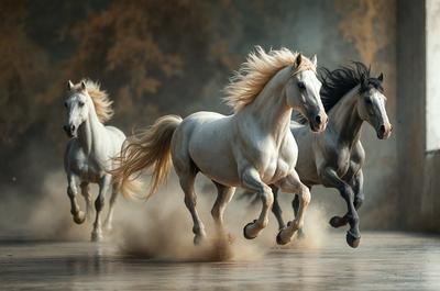 Primary subject: A group of four horses running through a forest.

Setting/background: The horses are running through a forest, with trees and foliage visible in the background.

Visual style: The image is a digital artwork, featuring the four horses in motion.

Colors and mood: The image has a vibrant and dynamic color palette, with the horses' white coats contrasting against the greenery of the forest. The overall atmosphere is energetic and lively.