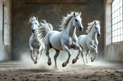 Primary subject: White horses running in a field.

Setting/background: A dirt field with a wall in the background.

Visual style: A photo of the horses in motion.

Colors and mood: The image is in black and white, giving it a classic and timeless feel. The horses' white coats contrast with the dirt field, creating a sense of motion and energy.