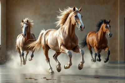 Primary subject: A brown horse with blonde hair running on a dirt ground.

Setting/background: The horse is running in a dirt field, with a wall in the background.

Visual style: The image is a photo of the horse in motion.

Colors and mood: The horse has a brown coat with blonde hair, and the overall atmosphere is energetic and dynamic.