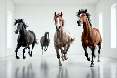 The primary subject of the image is a group of horses running in a white room. There are three horses in total, with one horse in the foreground and the other two in the background. The setting appears to be a white room, which contrasts with the horses' natural environment. The visual style of the image is a photo, capturing the horses in motion. The colors in the image are predominantly white, giving the scene a clean and minimalist appearance. The overall atmosphere of the image is energetic and dynamic, as
