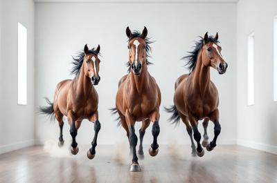 Primary subject: Three brown horses running in a row.

Setting/background: A white wall serves as the backdrop for the scene.

Visual style: The image is a photo of the three horses in motion.

Colors and mood: The dominant colors are brown, and the overall atmosphere is energetic and dynamic.