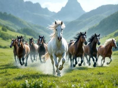 Primary subject: A white horse running through a grassy field.

Setting/background: The horse is running through a grassy field with mountains in the background.

Visual style: The image is a photo of the horse running through the field.

Colors and mood: The image has a vibrant and lively atmosphere, with the white horse standing out against the green grass and the mountainous background.