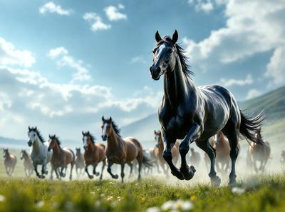 Primary subject: A horse running through a field.

Setting/background: The horse is running through a grassy field with a mountain in the background.

Visual style: The image is a photo of the horse running through the field.

Colors and mood: The image has a vibrant and lively atmosphere, with the horse's movement and the green grass creating a sense of energy and freedom.