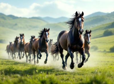 The primary subject of the image is a group of horses running through a grassy field. The setting is a lush green hillside, providing a picturesque backdrop for the scene. The visual style of the image is a photo, capturing the horses in motion. The colors and mood of the image are vibrant and energetic, as the horses gallop through the field.