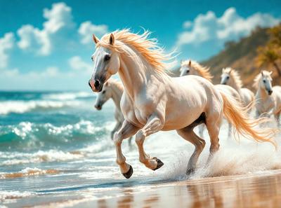 Primary subject: A white horse running on the beach.

Setting/background: The beach with waves and a blue sky in the background.

Visual style: The image is a digital artwork.

Colors and mood: The image has a vibrant and lively atmosphere, with the white horse and the blue sky creating a sense of freedom and joy.