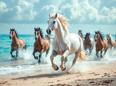 Primary subject: A white horse running on a beach.

Setting/background: The beach has a sandy surface, and the ocean is visible in the background.

Visual style: The image is a photo of the white horse running on the beach.

Colors and mood: The dominant colors are white and blue, with the white horse standing out against the blue sky and ocean. The overall atmosphere is energetic and dynamic, as the horse is running freely on the beach.