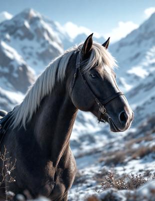 Primary subject: A horse with a white mane and black body.

Setting/background: A snowy mountain range in the background.

Visual style: Digital art.

Colors and mood: The horse has a black body with a white mane, and the overall atmosphere is serene and majestic.