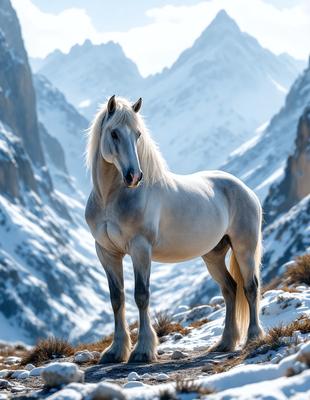 Primary subject: A white horse standing on a snowy mountain.

Setting/background: The horse is standing on a snow-covered mountain, with a beautiful mountain range in the background.

Visual style: The image is a photo of the horse in its natural environment.

Colors and mood: The image has a cold and serene atmosphere, with the white horse standing out against the snowy mountain backdrop.