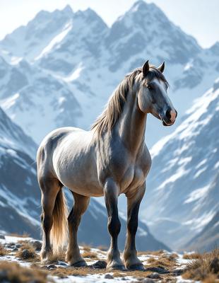 Primary subject: A horse standing in a snowy mountain range.

Setting/background: The horse is standing in a snowy mountain range, with a mountainous landscape in the background.

Visual style: The image is a photo of the horse in the snowy mountain range.

Colors and mood: The image has a cold and serene atmosphere, with the horse standing in the snow and the mountain range in the background.