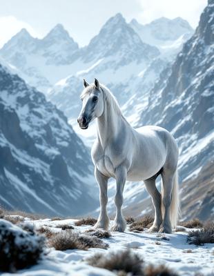 Primary subject: A white horse standing on a snowy mountain.

Setting/background: The horse is standing on a snow-covered mountain, with a mountain range in the background.

Visual style: The image is a photo of the horse in its natural environment.

Colors and mood: The image has a cold and serene atmosphere, with the white horse standing out against the snowy mountain backdrop.