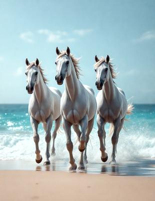 The primary subject of the image is a group of three white horses running along the beach. The setting is a beautiful beach with the ocean in the background. The visual style of the image is a photo, capturing the horses in their natural environment. The colors and mood of the image are predominantly white, with the horses' white coats and the ocean's white waves creating a serene and peaceful atmosphere.