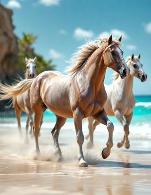 The primary subject of the image is a brown horse running on a beach. The setting is a sandy beach with the ocean in the background. The visual style is a photo, capturing the horse in motion. The colors and mood of the image are warm and energetic, as the horse's movement and the beach's natural beauty create a lively atmosphere.