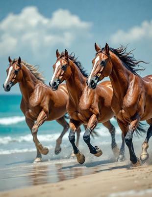 The image features a group of four horses running along a beach. The horses are positioned in a line, with one horse slightly ahead of the others. The beach setting provides a serene and natural backdrop for the scene. The horses appear to be enjoying their time on the sand, creating a sense of freedom and playfulness. The visual style of the image is a photo, capturing the beauty and energy of the horses in motion.
