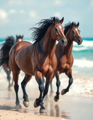 The primary subject of the image is a brown horse running on a beach. The setting is a beach with water and sand visible in the background. The visual style is a photo of the horse in motion. The colors and mood of the image are dominated by the brown horse and the beach environment, creating a sense of freedom and natural beauty.