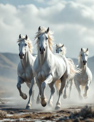 Primary subject: A group of white horses running together.

Setting/background: A dirt road with a mountainous background.

Visual style: A photo of the horses running.

Colors and mood: The horses are white, and the overall atmosphere is energetic and dynamic.
