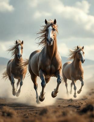 Primary subject: A group of three horses running in a field.

Setting/background: The horses are running on a dirt field, with a mountain visible in the background.

Visual style: The image is a digital artwork, featuring the three horses in motion.

Colors and mood: The image has a warm and dynamic color palette, with the horses' coats and the dirt field creating a sense of motion and energy.