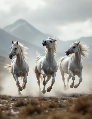 Primary subject: Three white horses running in a field.

Setting/background: The horses are running in a field with mountains in the background.

Visual style: The image is a photo of the three white horses.

Colors and mood: The image has a vibrant and energetic atmosphere, with the white horses and the lush green field creating a sense of freedom and movement.
