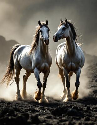 The primary subject of the image is two horses standing next to each other in a dusty environment. The setting appears to be a dirt field, and the visual style is a photo. The horses are the main focus of the image, and their presence creates a sense of companionship and connection. The colors in the image are predominantly brown and gray, which contribute to the dusty and natural atmosphere.