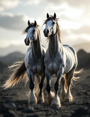 The primary subject of the image is two horses standing next to each other in a dirt field. The setting is a natural environment with a mountainous background. The visual style is a photo, capturing the horses in their natural habitat. The colors and mood of the image are predominantly earthy tones, creating a sense of tranquility and connection to nature.