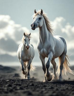 The primary subject of the image is a white horse with a flowing mane, running through a field. The setting is a cloudy sky, and the visual style is a photo. The dominant colors are white and gray, creating a calm and serene atmosphere.