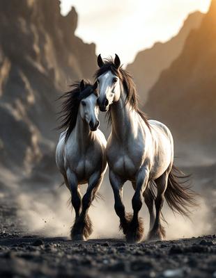 Primary subject: Two horses running together.

Setting/background: A rocky, dusty terrain.

Visual style: A photo of the two horses.

Colors and mood: The image is in black and white, giving it a classic and timeless feel.