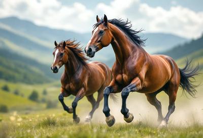 Primary subject: Two brown horses running in a field.

Setting/background: The horses are running in a grassy field with mountains in the background.

Visual style: The image is a photo of the two horses running in the field.

Colors and mood: The image has a warm and lively atmosphere, with the brown horses and the green grass creating a sense of freedom and energy.