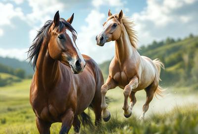 The primary subject of the image is a brown horse with a white face, running through a grassy field. The setting is a lush green field, and the visual style appears to be a digital art or illustration. The dominant colors are brown and green, creating a natural and serene atmosphere.