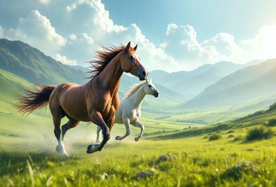 The primary subject of the image is a brown horse and a white horse running together in a grassy field. The setting is a lush green field with mountains in the background. The visual style is a digital art or illustration, creating a vibrant and dynamic scene. The colors and mood are lively and energetic, with the horses' movement and the green field creating a sense of freedom and adventure.