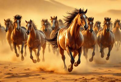Primary subject: A group of horses running in a desert.

Setting/background: The horses are running on a sandy surface, which is the desert.

Visual style: The image is a photo of the horses running in the desert.

Colors and mood: The image has a warm and dusty color palette, with the horses' coats and the sandy surface creating a sense of motion and energy.