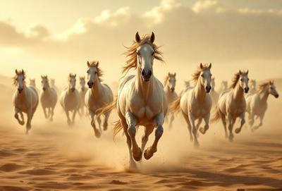 Primary subject: A white horse running in a sandy area.

Setting/background: The background consists of a sandy area, and there are other horses in the distance.

Visual style: The image is a photo of a white horse running in the sand.

Colors and mood: The dominant colors are white and brown, with a sandy and dusty atmosphere.