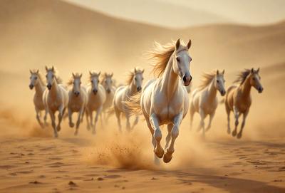 Primary subject: A white horse running in a desert.

Setting/background: The horse is running on a sandy surface, with a dusty trail behind it.

Visual style: The image is a photo of the horse in motion.

Colors and mood: The image has a warm and dusty atmosphere, with the horse's white color contrasting against the sandy background.
